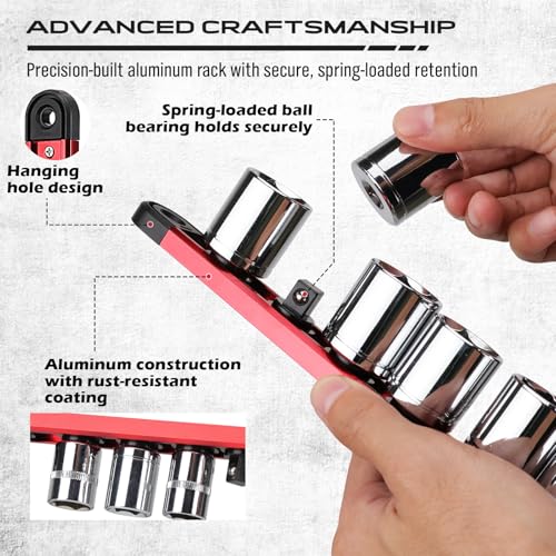 8-Piece Magnetic Socket and Wrench Organizer Set, Metric & SAE, 1/4", 3/8", 1/2" Drive Socket Rail, 24-Slots Wrench Holder with Non-Slip Handle for Toolbox Drawer Storage (Socket Wrench not Included) - style: 8-Piece High-Capacity Combo