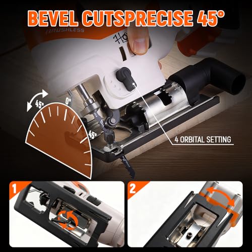 Hoteche Cordless Brushless Jigsaw - 4.0Ah Battery, 1000-3000RPM, 25.4mm Stroke, Fast Blade Change, 3 Orbital Settings, with Charger & Accessories