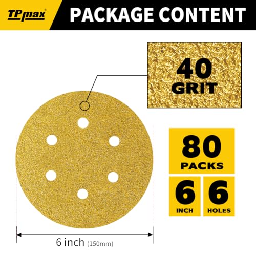 80PCS 6 Inch 40 Grit 150mm 6 Hole Sanding Discs Sandpaper - Premium Gold Round Hook and Loop for Random Orbital Sander - Ideal for Wood, Metal, Automotive - style: 40 Grit - 80 Pack