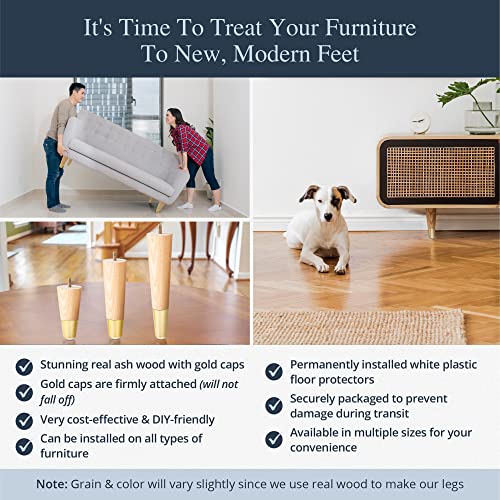 Airy Abode Premium Ash Wood Furniture Legs with Gold Caps (Full Install Kit) - Pick Your Size and Color - color: Ash / Gold, size: 10 Inches