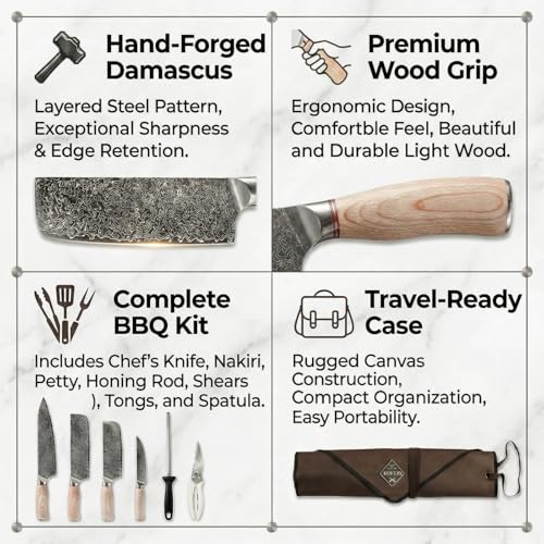 KOFERY Butcher Knife Set in Damascus Steel for Grill & Pit Masters - color: Natural-Wood
