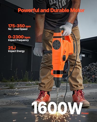 VEVOR 1-3/4" SDS-Max Rotary Hammer Drill, 13Amp Corded Drills, Heavy Duty Chipping Hammers w/Vibration Control & Safety Clutch, Electric Demolition Hammers, Power Tool For Concrete - size: 1-3/4 in