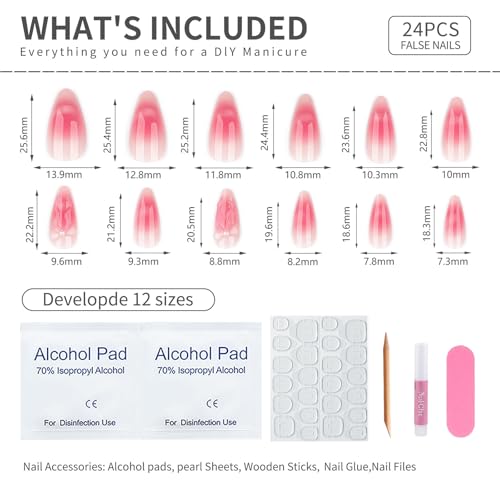 Mivota Soft Gel Press On Nails Almond Nude Pink Glitter, 3D Butterfly Glue On Nails, Reusable Fake Nails Acrylic Look, Luxury Press on Nails Kit 24PCS for Women Wedding Party - color: 3D-68 Pink Gradient Bowknot