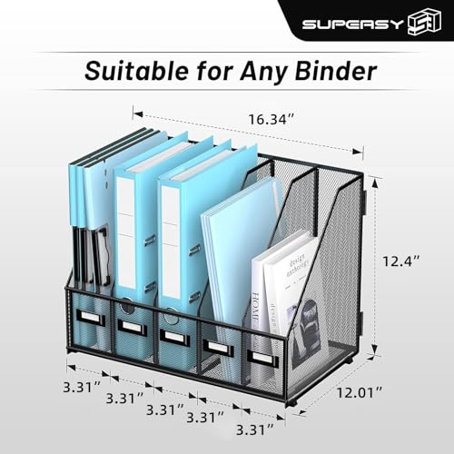 SUPEASY Desk Organizers Metal Desk Magazine File Holder with 16''x12''x12'' 5 Vertical Compartments Rack File Organizer for Office Desktop, Classroom, Home Workspace, Black Plus - color: Black, size: Large