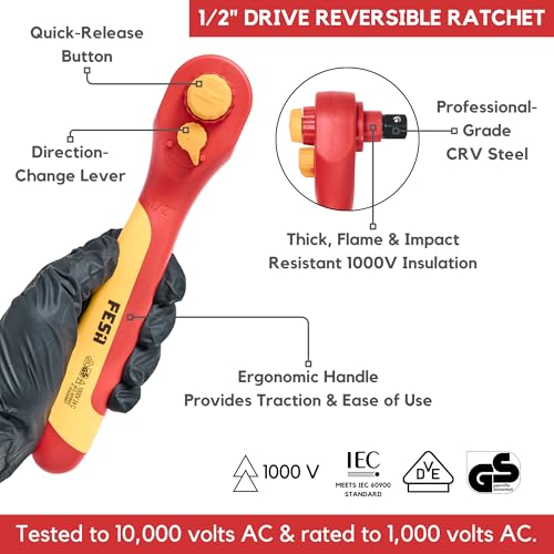 FESA Electrician Insulated Socket Set - 1000V 20-Piece Professional Insulated Ratchet & Socket Wrench Set (1/2" Drive) w/ 4 Hex Bits, T-Handle & Extension - 1000 Volt Insulated Tools for Electricians - style: 1/2" Drive (Storage Case)