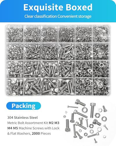 Metric Screw Assortment, 2000PCS Metric Bolt Assortment Kit M2 M3 M4 M5 Machine Screws with Lock & Flat Washers, 304 Stainless Steel Hex Socket Head Cap Screws Nuts and Bolts Kit (Silver) - size: M2M3M4M5 2000PCS (Silver)