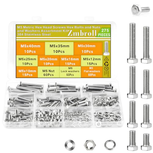 M5 Hex Cap Bolts 275Pcs Metric M5x10/12/16/20/25/30/35/40mm 304 Stainless Steel Screws External Hex Drive Heavy Duty Hexagon Cap Bolts Nuts Flat Lock Washers Assortment Kit - size: M5