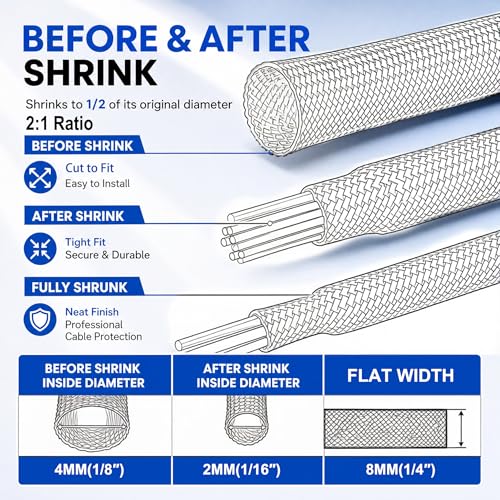 2:1 Heat Shrink Cable Protector, 10ft 1/8" Braided Wire Loom Cord Sleeve - size: 10ft - 1/8" (4mm)