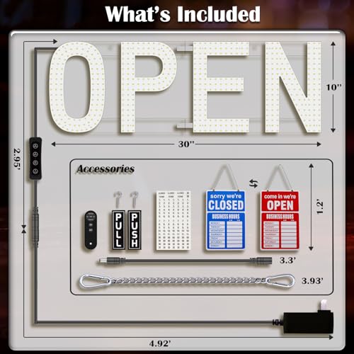 LED Open Signs for Business, 30"x10" Remote Control Dimmable Hanging Kit - color: Ultra Cool White, size: 30" x 10"