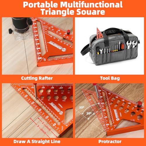 2pcs Rafter Square, 12-inch & 7-inch Carpenter Sqaure Set withWoodworking Pencil, Carpenter Measuring Layout Tool,Aluminum Alloy Triangle Ruler for Woodworking- Imperial - size: 7+12 inch