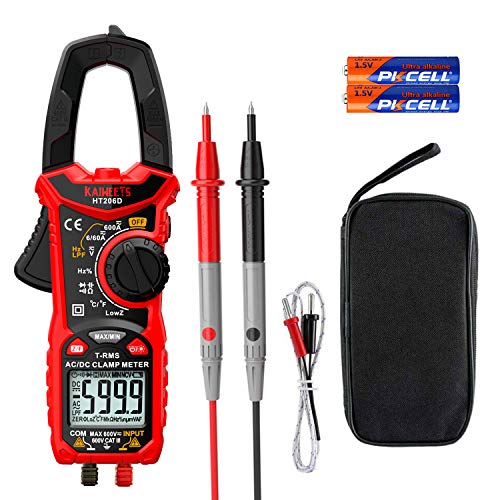 KAIWEETS HT206D Digital Clamp Meter T-RMS 6000 Counts, Multimeter Voltage Tester Auto-ranging, Measures Current Voltage Temperature Capacitance Resistance Diodes Continuity Duty-Cycle (AC/DC Current) - size: 6000 Counts
