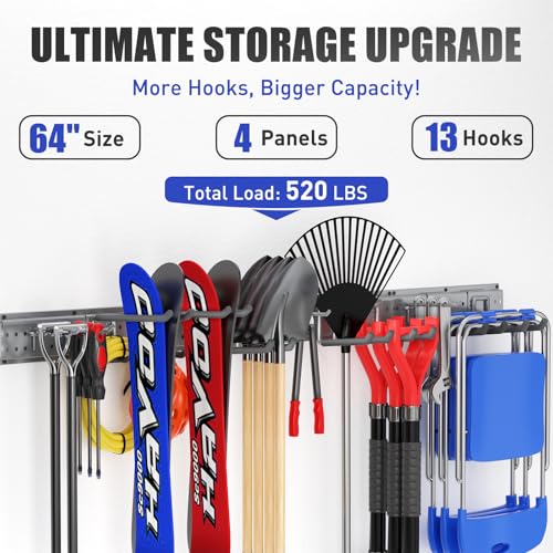 Garage Tool Organizer Wall Mount 66 inches with 13 Adjustable Heavy-Duty Hooks, Garage Organization, Garden Tool Storage Rack, Yard, and Shed, Holds Up to 520 lbs (Grey) - size: 66" | 4 Panels + 13 Hooks