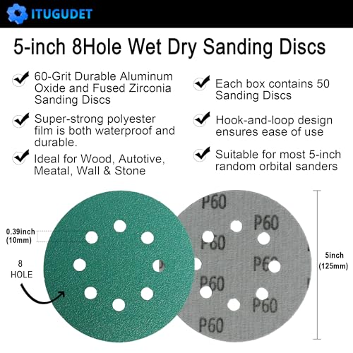 5 Inch 8 Hole P60 Grit Zirconia Wet Dry Sanding Discs - 50 Pack - size: 60 Grit