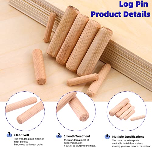 Glarks 508Pcs 1/4" 5/16" 3/8" 1/2" Wooden Dowel Pins Beveled Ends Fluted Dowel with 6/8/10/12MM Solid Hollow Dowel Tenon Center Transfer Plugs Set for Easy Insertion Furniture Door Crafts Projects