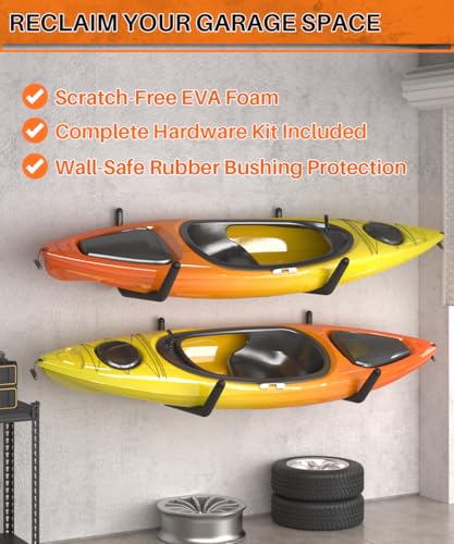 Heavy Duty Kayak Storage Rack with EVA Foam & Rubber Bushing, Wall Mount Kayak Hangers Large Hooks for Garage Hanger Canoe, Surfboard, Skiboard, Snowboard, Paddle Board, Ladders, Bike