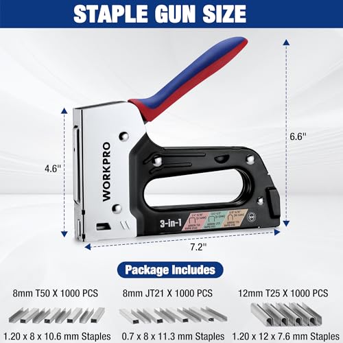 WORKPRO Upholstery Staple Gun, 3-in-1 Heavy Duty Staple Gun with Safety Lock, Includes 3000 pcs Staples, Manual Brad Nailer for Wood, Crafts, Upholstery, Carpentry, Decoration DIY, Furniture