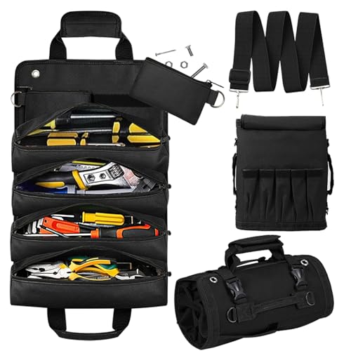 Heavy Duty Roll Up Tool Bag Organizer w/Detachable Pouches, Gifts for Men - color: Black