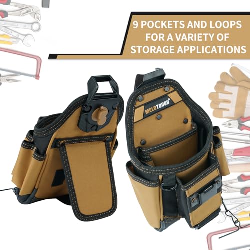 MELOTOUGH Small Electrician Tool Pouch With Belt Clip Attachment - 9 Pockets Tradesman Bag With Tape Thong - Holster for Electricians - color: Khaki Electrician Tool Pouch