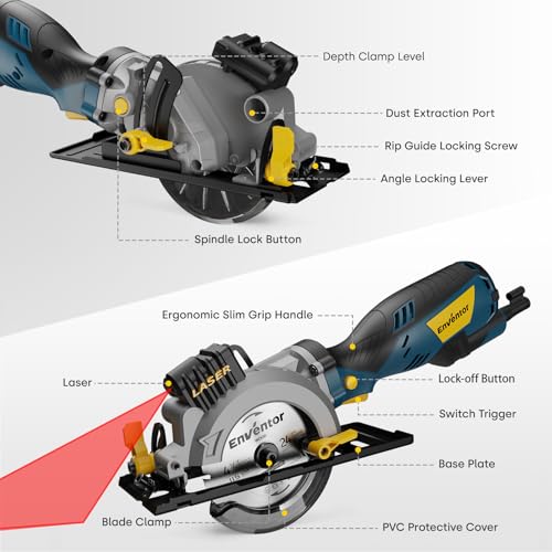 Enventor Mini Circular Saw with Laser Guide, 6 Blades 4-1/2", 5.8A Corded | 3500 RPM, Max Cut 1-11/16 in at 90° and 1-1/8 in at 45°, Dust Port, Vacuum Adapter for Soft Metal, Wood, Tile Cutting