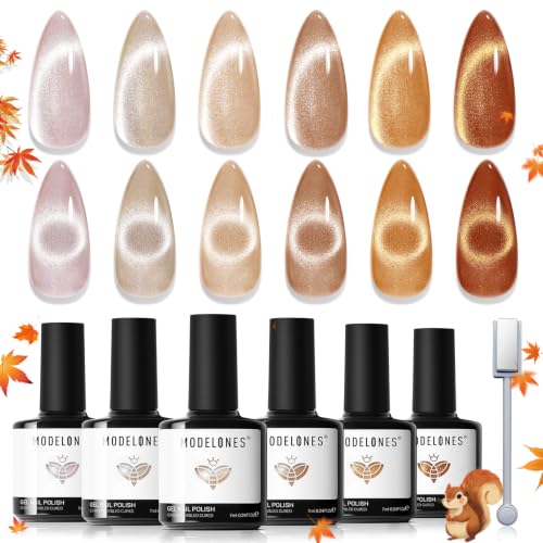 modelones Fall Cat Eye Gel Nail Polish Set, Nude Brown Gold Caramel Khaki - color: Sun-kissed Glow