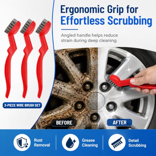 3 Pcs 7" Stainless Steel Wire Brushes - 50% Denser Than Standard Brushes - for Heavy-Duty Cleaning: Grill Grates, Uncoated Pans, Rust Removal, Deburring & Metal Cleaning,Deep Detailing Cleaning