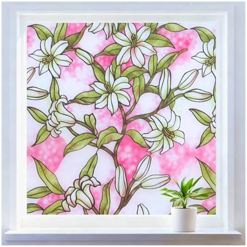 rabbitgoo Stained Glass Window Privacy Film, Pink Lily, 17.5" X 78.7" | Anti UV Heat Blocking Frosted Glass Static Cling Removable, for Bathroom, Bedroom, Living Room - color: Pink Lily, size: 17.5" x 78.7"