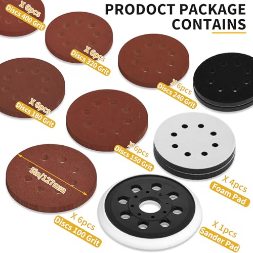 5" Hook & Loop Replacement Sander Pad RS034 & RS035 Compatible with Bosch Random Orbital Sander ROS20 ROS20VS GEX12V with 4 PCS Foam Pad & 36 PCS Sanding Discs 100 150 180 240 320 400 Grits - style: For RS034 & RS035