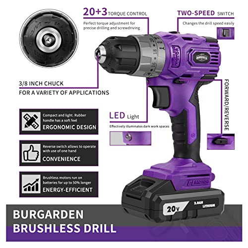 Purple Brushless Cordless Drill Set, 20V Compact Power Driver Kit with Electric Motor, 20+3 Torque Setting, 48 N.m, 2 Variable Speed, 23pcs Driver Bits, and Tool Box for Women Men Home DIY