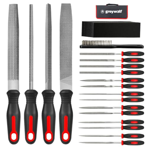 Greywolf 35 piece file set, metal files, premium T12 carbon steel flat, half-round, round, and triangular tips, plus 14 fine sanding tools and 16 sheets of sandpaper for metalworking and woodworking