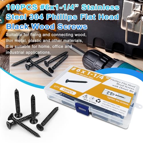 100PCS #6 x 1-1/4" Black Wood Screws, Flat Head Stainless Steel Sheet Metal Screws, Fast Self Tapping Screws for Deck Drywall Concrete Screws with Screwdriver Bit - style: Black #6X1-1/4" Flat Head 100PCS