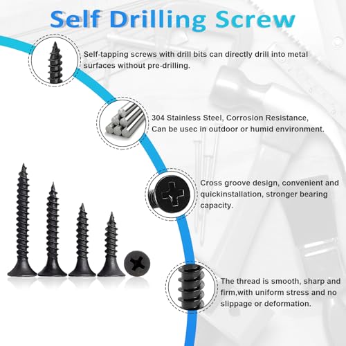 200PCS #8 Black Wood Screws Assortment Kit, 304 Stainless Steel Screws, Drive Sheet Metal Self Tapping Screws with Screwdriver Bit, 6 Sizes (2”,1-1/2”,1-1/4”,1”,3/4”,1/2”) - style: Black #8 Flat Head Set 200PCS