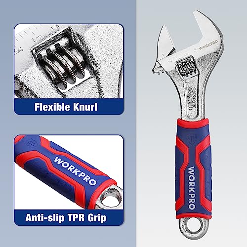 WORKPRO 6-Inch Adjustable Wrench, Wide Jaw, Metric/SAE Scales | Rubber Anti-Slip Grip, Premium Cr-V Steel, Chrome-Plated Finish for Strength and Corrosion Resistance - size: 6 inch