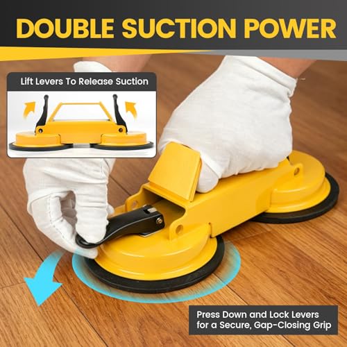 Floor Gap Fixer Tool Kit with Heavy Duty Rubber Mallet, Floor Dual Suction Cup Tool Upgrade 45° Striking Surface for Laminate, Hardwood, and Vinyl Floor (Yellow)