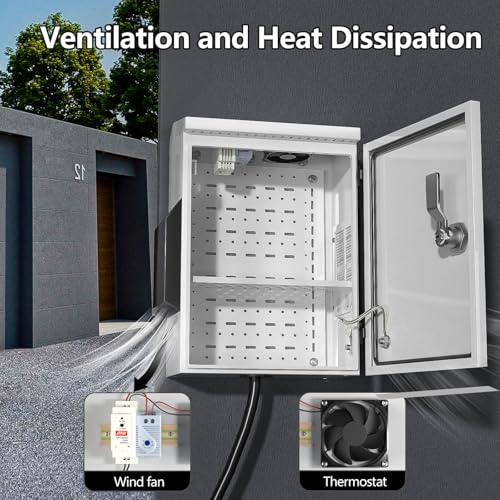 Outdoor Electrical Box with Thermostat and Fan, Cold-Rolled Steel Plate, Aluminum Alloy Back Beam, One-Piece Ventilation Design, IP65 Waterproof, Wall/Pole Mounted. (15.7" x 11.8" x 5.9") - size: 15.7" x 11.8" x 5.9"