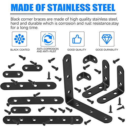 Glarks 134Pcs Black Corner Brace Set, 24Pcs L Shape Bracket and Flat Bracket Metal Joint Plate Fastener with 110Pcs Screws for Wood Wood Chair Bookshelf Board Window Furniture Cabinet