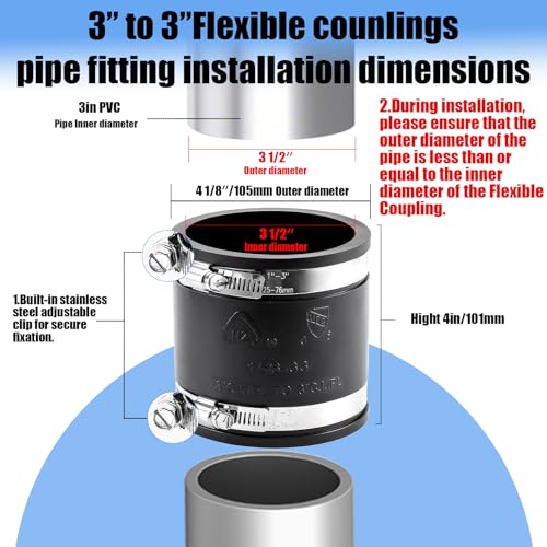 3" Flexible Pvc Pipe Coupling with Stainless Steel Clamp, Flexible Fitting for Connecting Cast Iron, Plastic and Copper Pipes, for Sewer and Drain Connections(Black) - size: 3 Inch