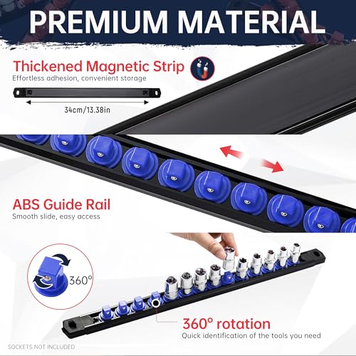 Reniteco Magnetic Socket Organizer, 1/2-Inch Drive ABS Sockets Rail, Heavy Duty Sockets Holder, Socket Rack Kit 1/2-Inch x 14 Clips - color: Blue, size: 1/2" DR
