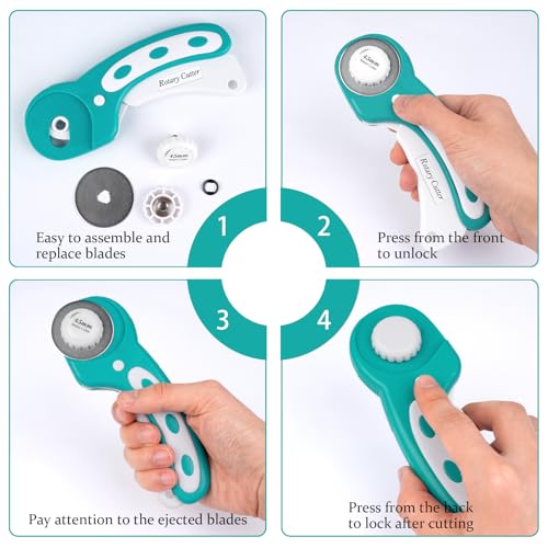 45mm Rotary Cutter for Fabric with 5 Extra Blades, Roller, with Safety Lock - color: Teal