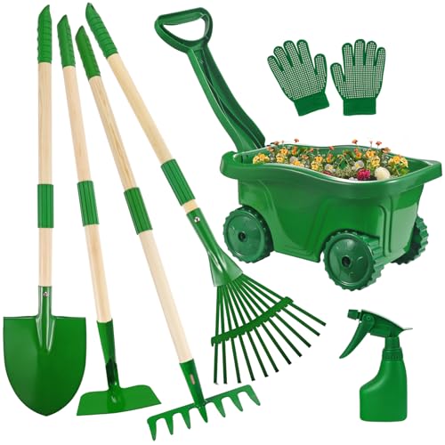 Duckura Kids Gardening Tools Set - 7pcs Wheelbarrow Set for Kids | with Shovel, Rake, Leaf Rake, Summer Outdoor Yard Digging Weed Birthday Gifts Toys, Easter for Boys Girls Age 2 3+ Years - color: 7pcs-green