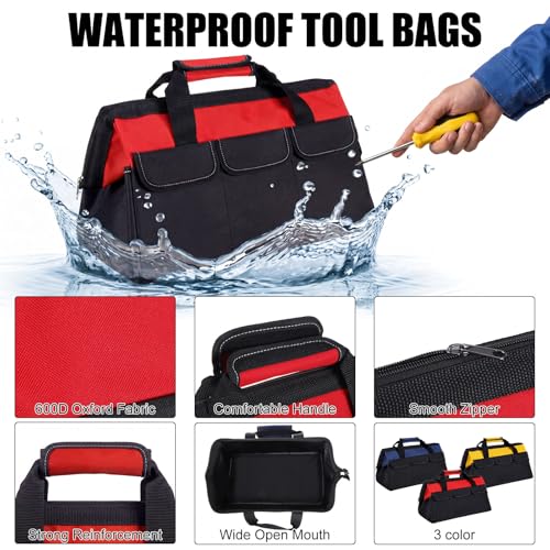 Sanwuta 3 Pack 18 Inch Tool Bags, Side Pockets, Blue, Red, Yellow - color: Blue, Red, Yellow, size: 18 Inch, style: Side Pockets