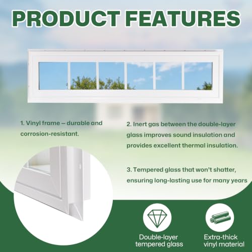 NeatiEase Vinyl Transom Window, 10" x 42" Fixed Glass Household Windows with Grids and Dual-pane Tempered Glass for House, Shed, Doors, Garage, Chicken Coop, Basement (White) - size: 10"x42"