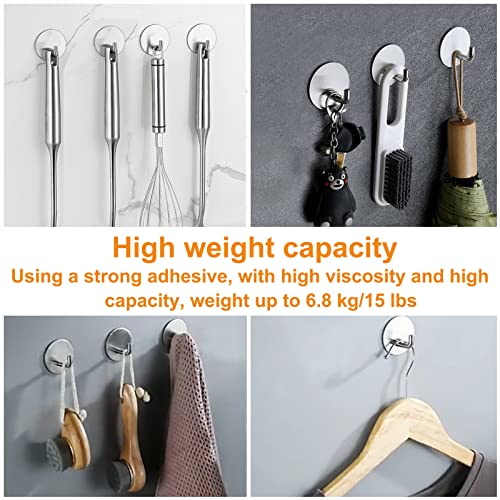 Silver Adhesive Hooks for Wall No Damage Heavy-Duty 15lb(Max) 8 Packs, Sticky Hangers for Hanging, Stainless Steel, Removable, Waterproof, Oilproof and Rustproof for Bathroom Kitchen Home - color: Silver