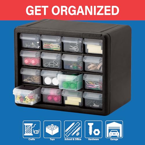 Akro-Mils 16-Drawer Plastic Storage Cabinet, 10.5"W x 6.5"D x 8.5"H, Black - color: Black, size: 16 Drawer, style: 1 Pack