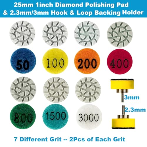 1inch 25mm Mini Diamond Polishing Pad 16Pcs/Set, 7 Different Grit 50#-3000# Water Sanding Discs & 2.3mm 3mm Shank Hook & Loop Backing Holder for Detail Fine Grinding - style: 2.3mm 3mm Shank 7Grit