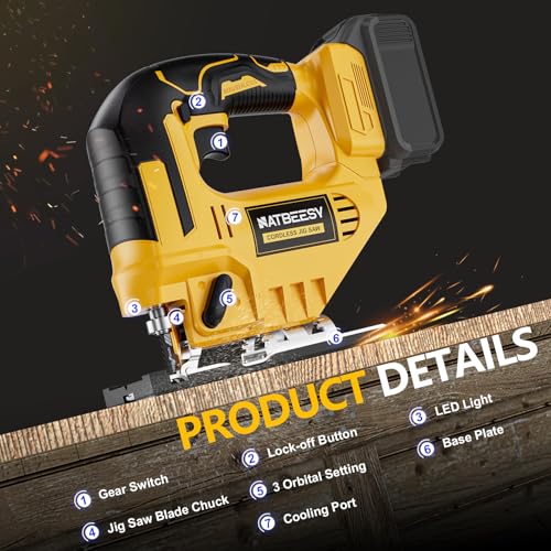 Jig Saw Compatible With Dewalt 20V Battery, NATBEESY Brushless Cordless jig saw tool, LED Work Light, 45° Beveled Cuts, Variable Speed 2900RPM, 3 Orbital Action, 6 Blades for Wood Cutting, Tool Only