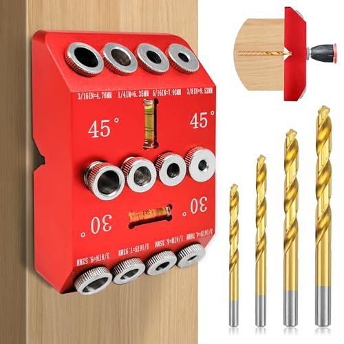 Portable Angle Drill Guide Jig with Level & 4 Drill Bits for Drilling 30°, 45°, 90° Degree Angled Holes, All Metal Jig for Angled or Straight Holes, for Wood Post Railing Stairs Handrail Deck