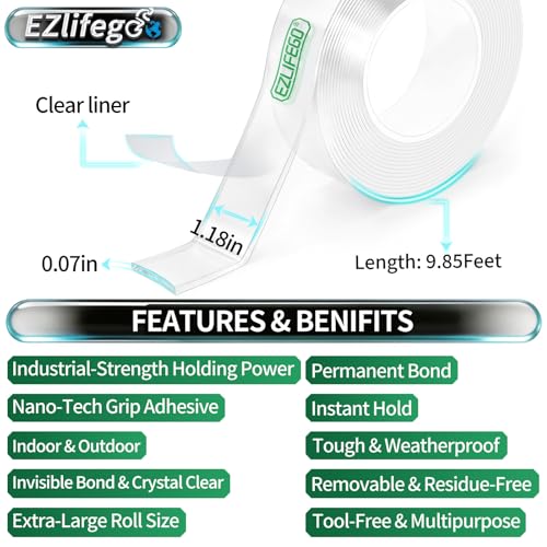 EZlifego Heavy Duty Invisible Bond Nano Double Sided Mounting Tape, 9.85FT | Nano-Tech, Holds up to 72 lbs, All-Purpose, Instant Hold, Industrial-Strength Adhesive, Indoor & Outdoor Decor,Back to School - size: 9.85 Feet