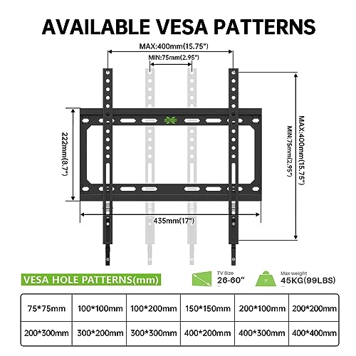 USX MOUNT Fixed TV Wall Mount with Low Profile for Most 26-55 Inch LED, LCD and Flat Screen TVs, TV Mount Bracket with VESA Up to 400x400mm and Weight Capacity 99lbs,and Space Saving TV Bracket - size: 26-60 inch