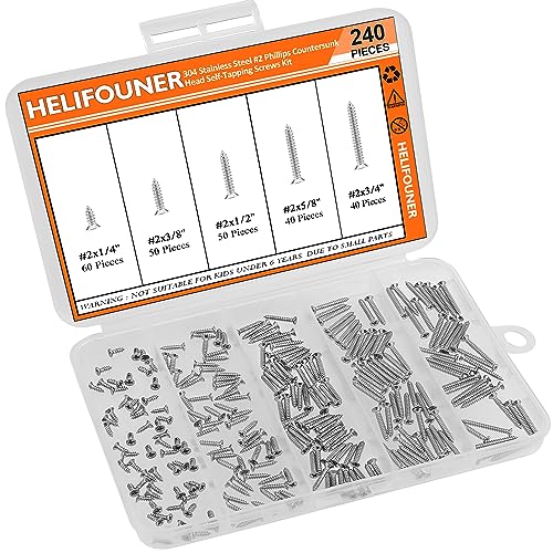 #2 x 1/4" 3/8" 1/2" 5/8" 3/4" Wood Screws Set, HELIFOUNER 240 Pieces Phillips Countersunk Head Self-Tapping Screws Assortment Kit, Phillips Flat Head Wood Screws, 304 Stainless Steel - size: #2