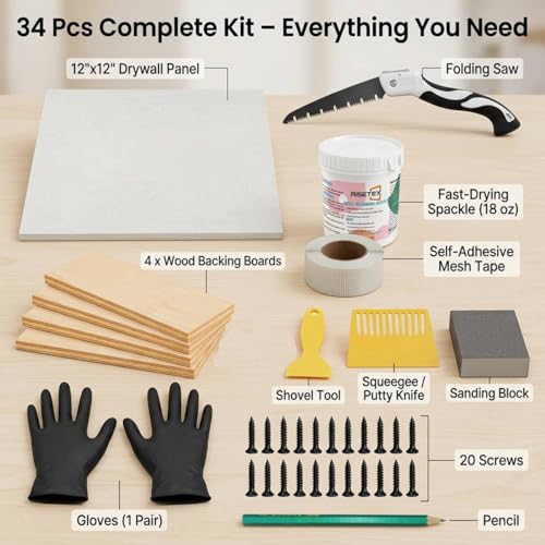 Drywall Repair Kit，34 Pcs 12x12inch Wall Patch Kit with Saw& Wood Boards